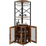 Osfvolr Bar Cabinet w/Wine Rack and Glass Holder, Corner Cabinet with Mesh Door, Corner Bar Cabinet with Adjustable Shelf, Liquor Cabinet Bar for Home, Rustic Brown