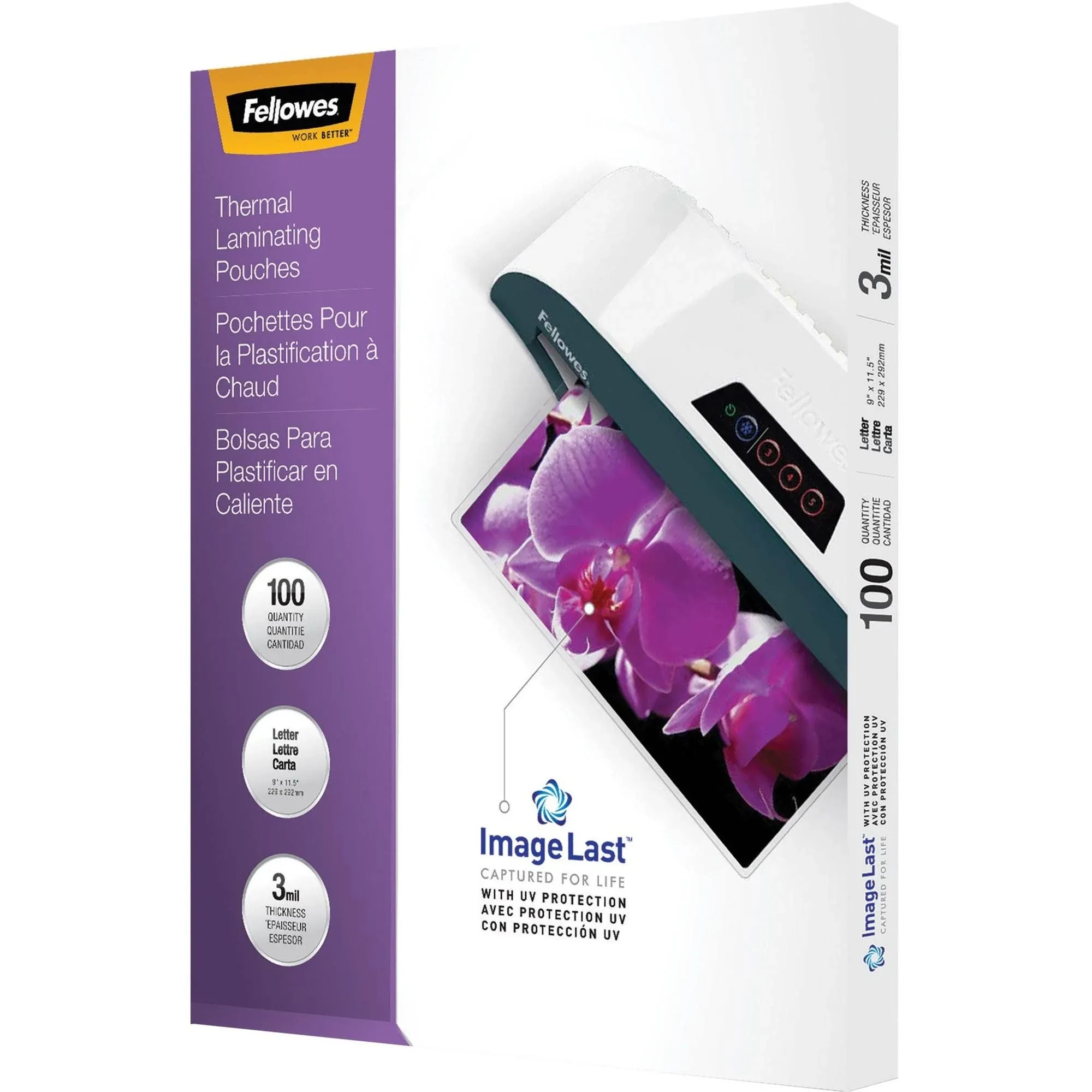 Fellowes ImageLast Thermal Pouches - Supported: Letter - Pouch/Sheet Size: 9 Width x 3 mil Thickness - Type G - Glossy - for Document, Photo, Menu - Durable, UV Fade Jam-free - Clear - 100 / Box