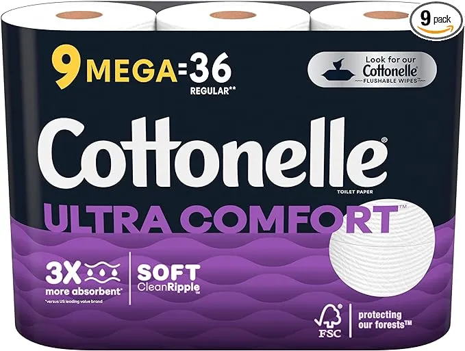 Cottonelle Ultra Comfort Toilet Paper, 2-Ply, Strong Tissue, 9 Mega Rolls (9 Mega Rolls = 36 Regular Rolls) 268 Sheets per Roll (Packaging May Vary)