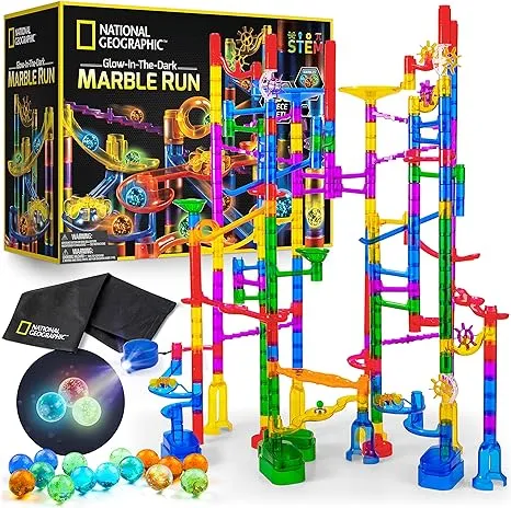 NATIONAL GEOGRAPHIC Glowing Marble Run – Expansion Pack with 5 Glow in The Dark Glass Marbles, 20 Construction Pieces, UV Light, Great Creative STEM Toy for Girls and BoysNATIONAL GEOGRAPHIC Glowing Marble Run – Expan…