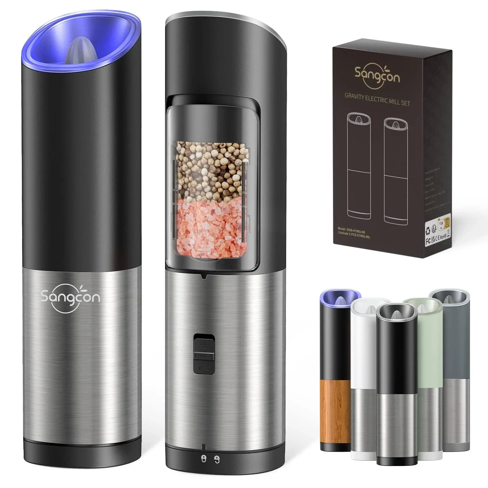 Sangcon Gravity Electric Salt and Pepper Grinder Set [Upgraded Larger Capacity] USB Rechargeable With Dual Charging Base - Automatic One Hand Operation - Adjustable Coarseness & LED Light Refillable