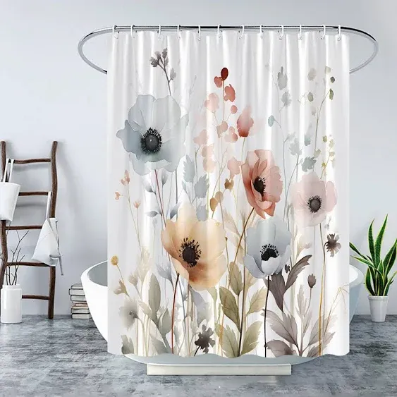 Dainty Floral Shower Curtain | Colorful Blue Wildflower Meadow | Boho Botanical Vintage Bathroom | Minimalist Cottagecore Modern Farmhouse