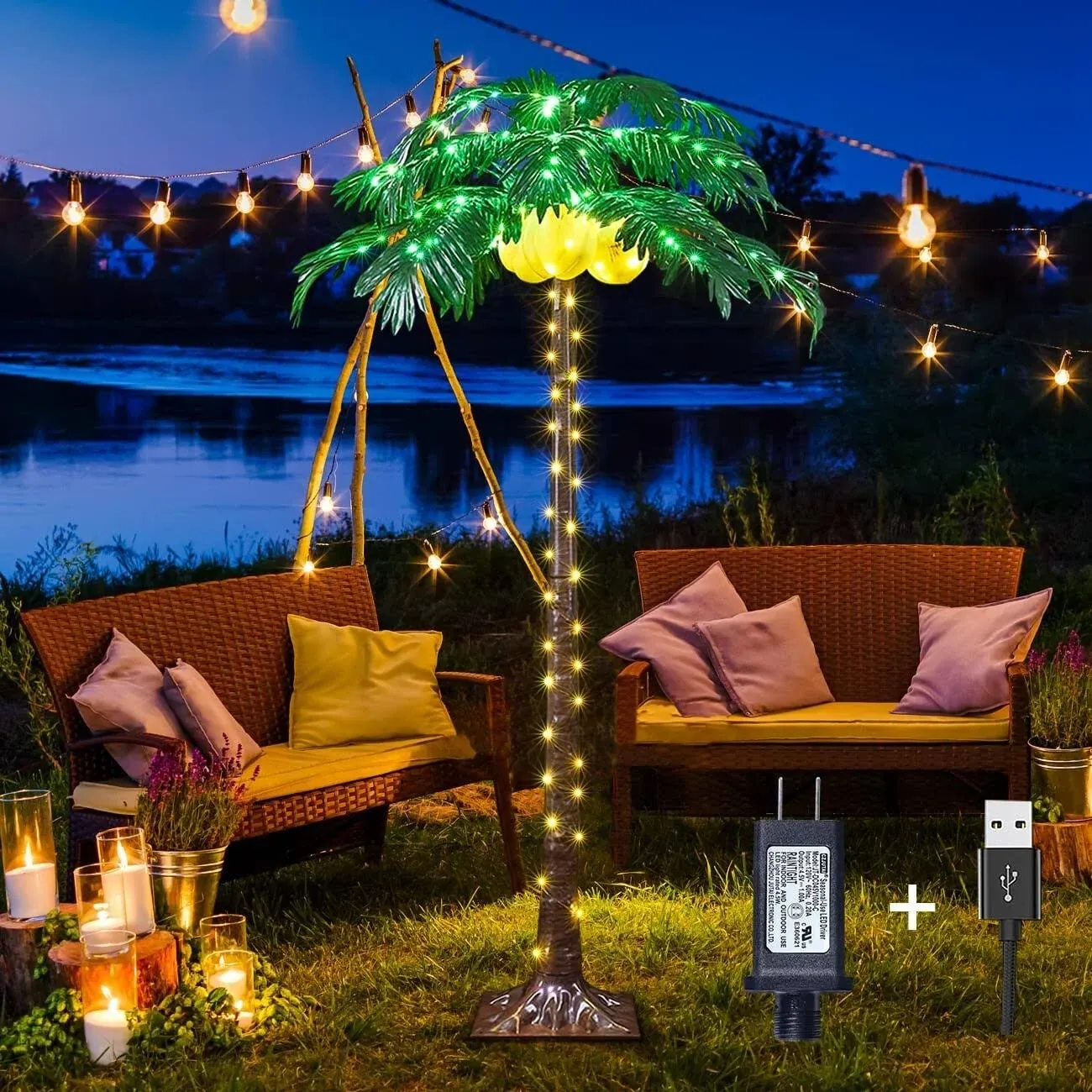 Lighted Palm Tree 5FT 208 LED Artificial Palm Tree Decor with Lighted Coconuts for Outdoor Light up Fake Tree with USB & Adapter for Indoor Outside Patio Christmas Hawaiian Tiki Bar Decoration