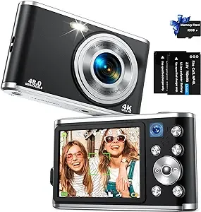 Digital Camera 4K 48MP Autofocus Vlogging Camera with Rear and Front Camera for Photography, 16X Digital Zoom Point and Shoot Cameras with 32GB Card & 2 Batteries Camera for Boys Girls Kids - Black