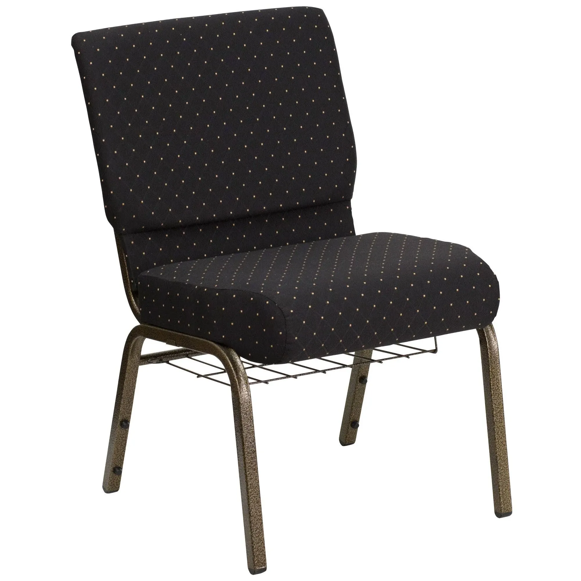 Hercules Series 21''W Stacking Church Chair Navy Blue Dot Patterned Fabric/Gold Vein Frame