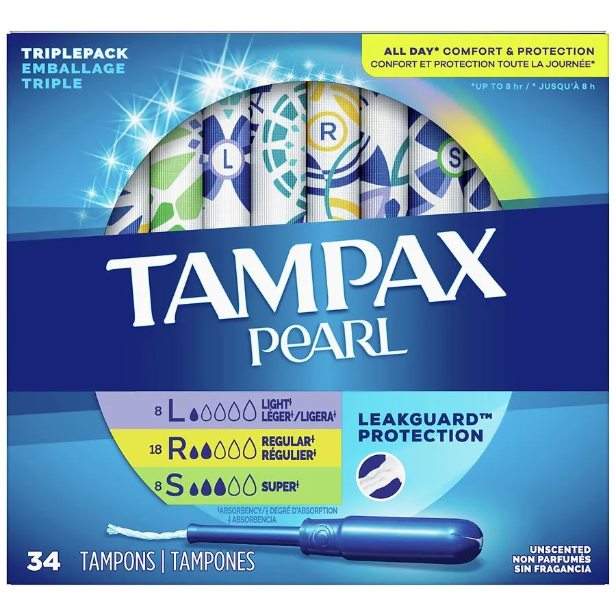 Tampax Pearl Tampons Trio Pack with Leak Guard Braid, Light/Regular/Super, 64 ct