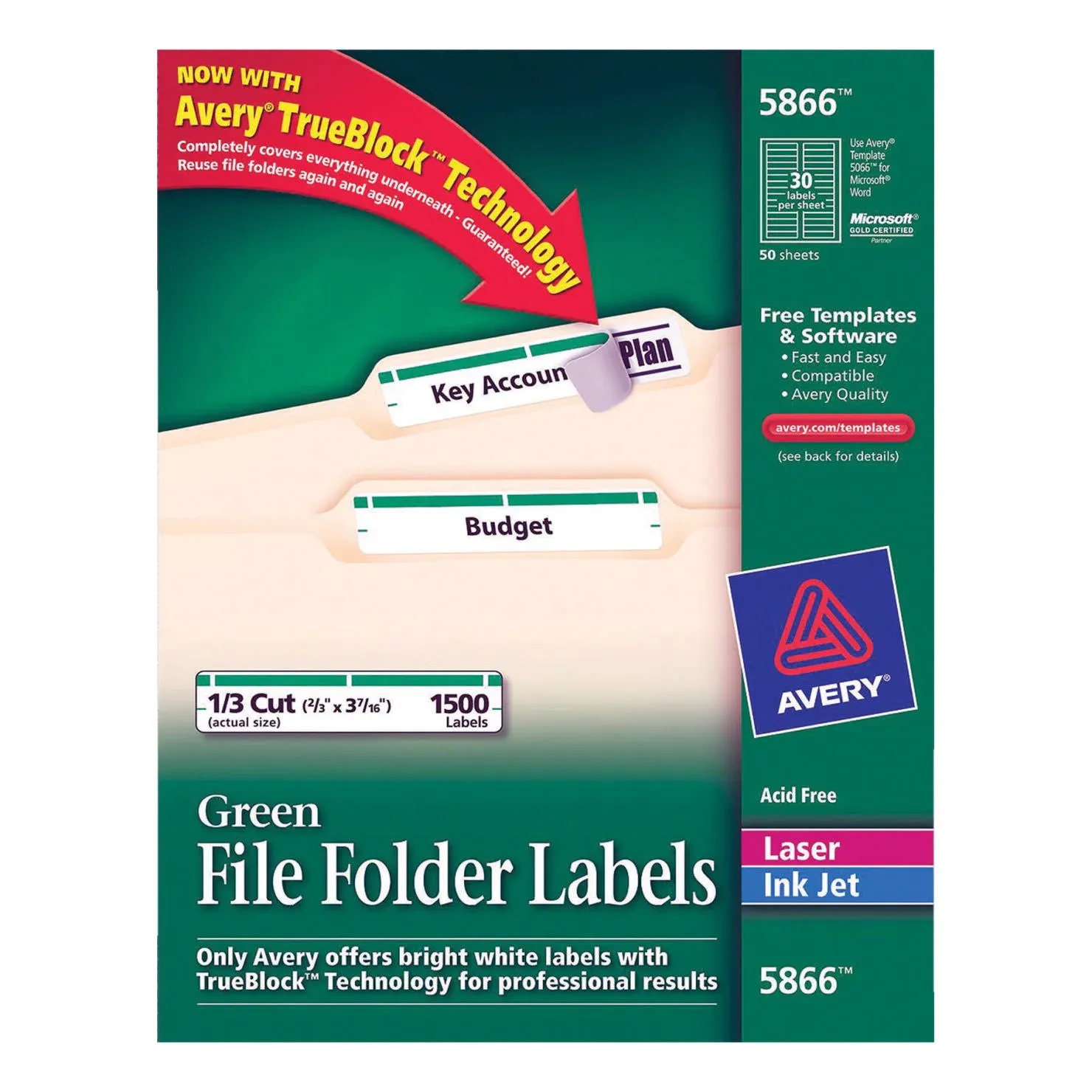 Avery&#174; Permanent TrueBlock File Folder Labels with Sure Feed Technology, 0.66 x 3.44, White, 30/Sheet, 50 Sheets/Box ;