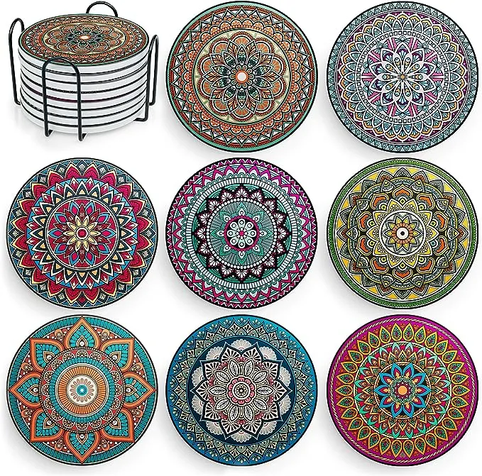 Mandala Drink Coasters with Holder - 8 Set Ceramic Boho Coaster for Drinks Ab...