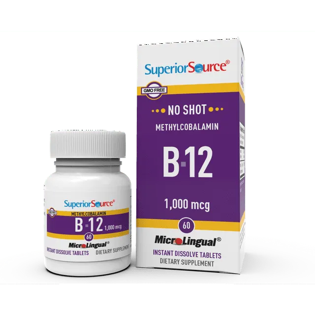 Superior Source No Shot Vitamin B12 Methylcobalamin 1000 mcg, Quick Dissolve MicroLingual Tablets, 60 Count, Active Form of B12, Supports Energy Production, Nervous System Support, Non-GMO