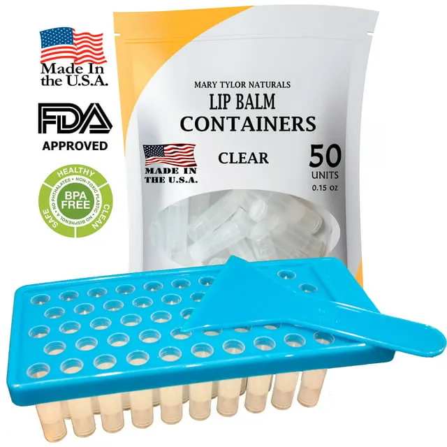 Lip Balm Container Kit with Fill Tray and Spatula, Made in the USA, Includes 50 Clear Lip Balm Containers (0.15 oz each) BPA Free by Mary Tylor Naturals