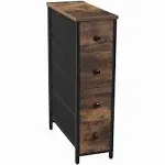 SONGMICS Narrow Dresser, Vertical Storage Unit with 4 Fabric Drawers, for Small Spaces and Gaps, Metal Frame, Slim Storage Tower, for Living Room, Laundry, Closet, Rustic Brown and Black ULGS041B01