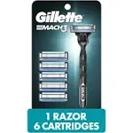 Gillette Mach3 Razor for Men, 1 Razor Handle + 6 Blade Refills Each