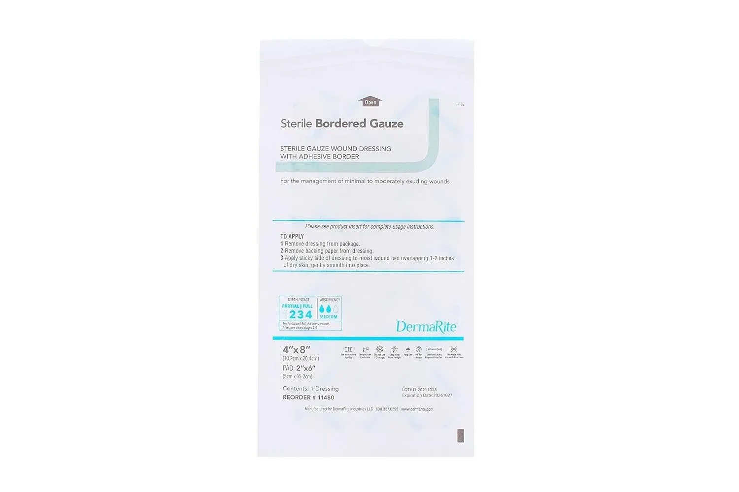 Adhesive Dressing DermaRite Bordered Gauze Rectangle Sterile 4" x 8" - 11480- KatyMedSolutions