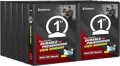 COMIX Sturdy 3 Ring Binder 1 inch with Clear View Cover, 1" Round Ring View Binder, PVC-Free, 200 Sheets Capacity of US Letter Size Paper, Office ＆ School Supplies, 12 Pack (Black)