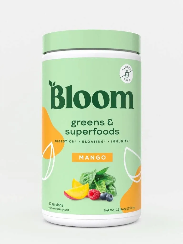 Bloom Nutrition Superfood Greens Powder, Digestive Enzymes with Probiotics and Prebiotics, Gut Health, Bloating Relief for Women, Chlorella, Green Juice Mix with Beet Root Powder, 60 SVG, Mango