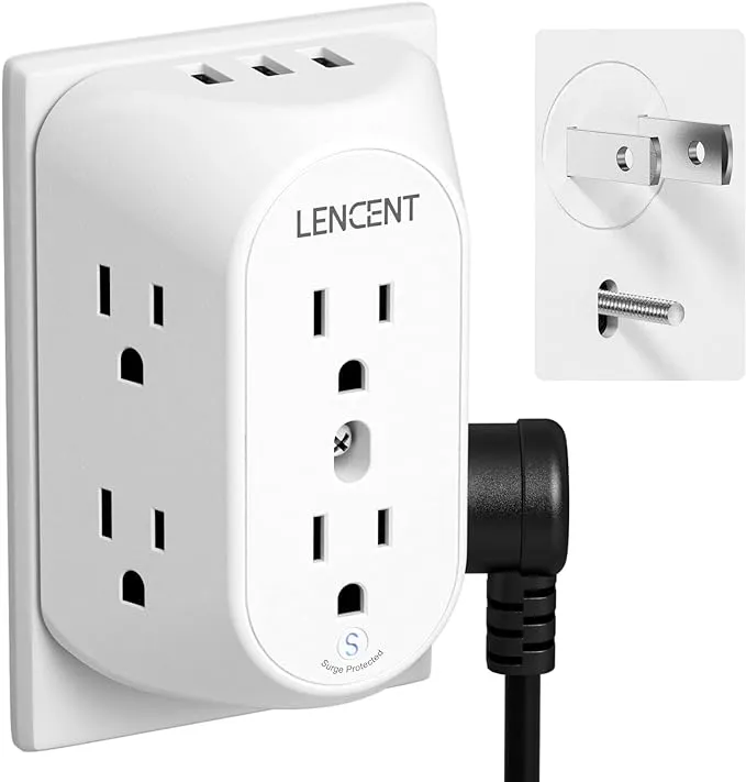 LENCENT 2 Prong Power Strip, 2 Prong to 3 Prong Grounding Outlet Adapter, Polarized Plug, 1728J Surge Protector, 3-Sided 6 Outlet 3 USB, Widely Spaced Extender, Wall Mountable for Non-Grounded Outlets