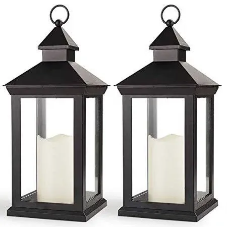 Bright Zeal 2-Pack 14 inch Decorative Candle Lantern Black Outdoor Lanterns with Timer Candles - IP44 Waterproof Vintage Lanterns Battery Powered LED