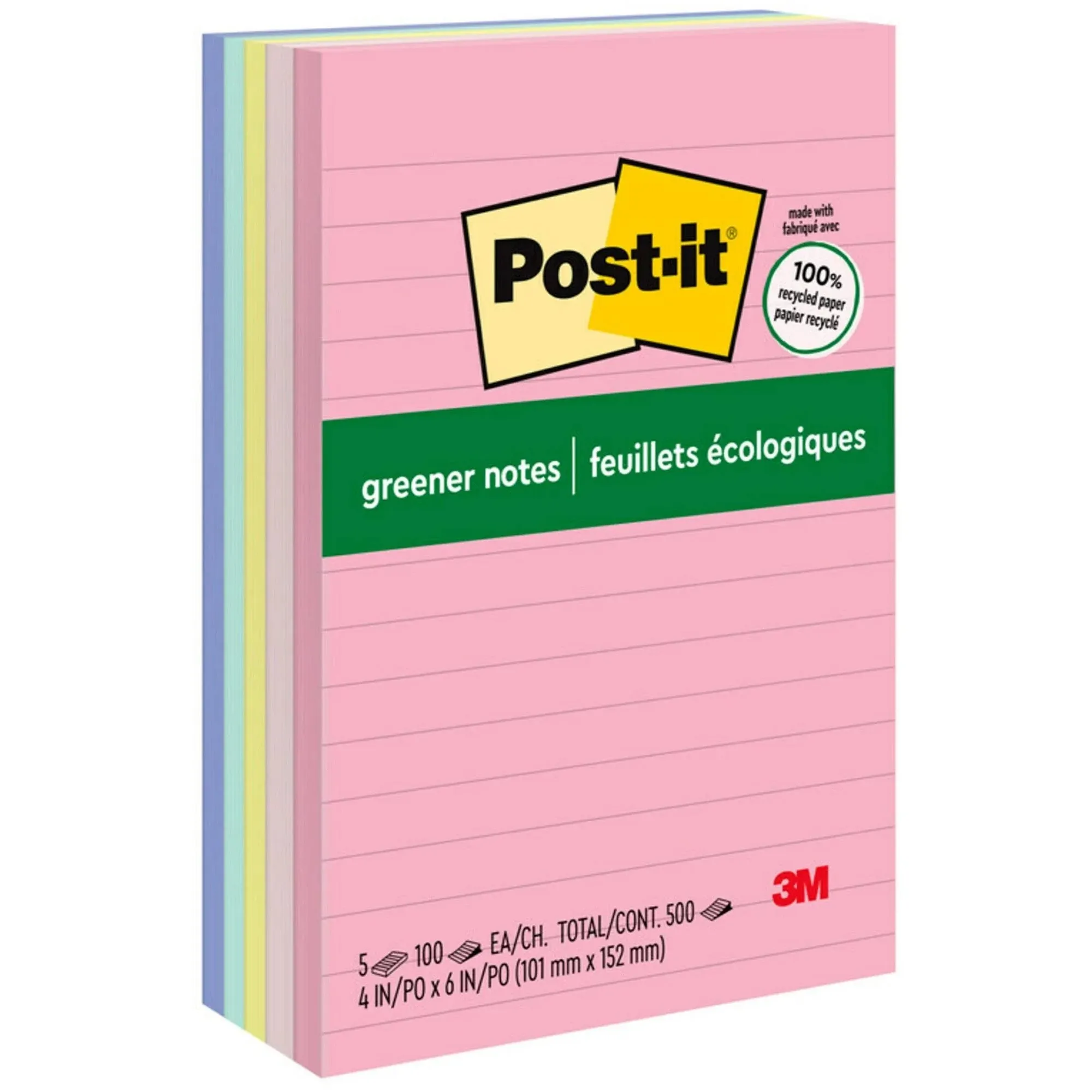 Post-it Greener Lined Notes, 4" x 6", 100% Recycled, Helsinki, Pack O