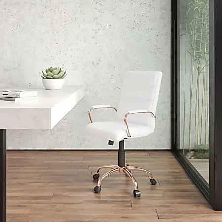 Flash Furniture Mid-Back White LeatherSoft Executive Swivel Office Chair with Rose Gold Frame and Arms