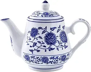 123Arts Blue and White Ceramic Small Tea Pot Retro Flower Teapot Water Pot Coffee Pot with Lid, 500ml,16.5oz