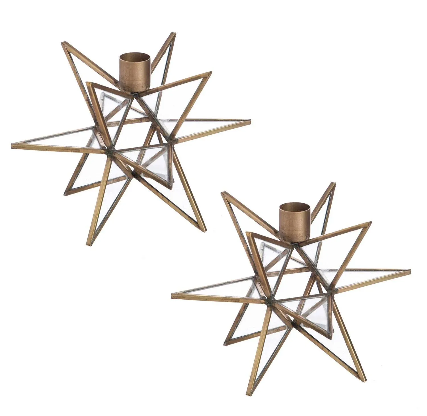 Brass Moravian Star Metal Taper Candle Holders, Set of 2