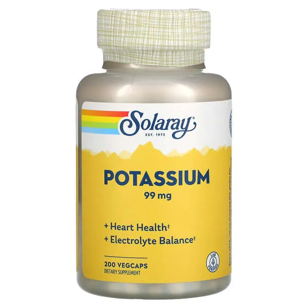 Solaray Potassium 99 mg - Electrolyte Balance Formula - Potassium Supplement for Electrolytes, Vascular and Heart Health Support - 60-Day Money Back Guarantee, Lab Verified, 200 Servings, 200 VegCaps