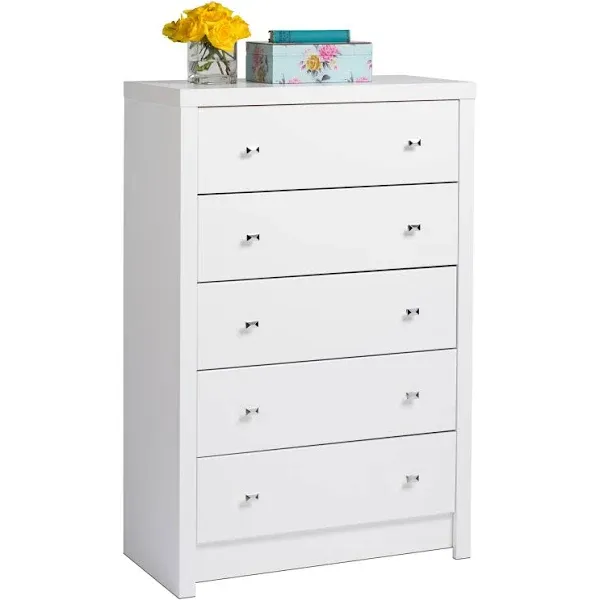 Prepac Contemporary White 5-Drawer Chest with Chrome Metal Knobs, Calla Collection