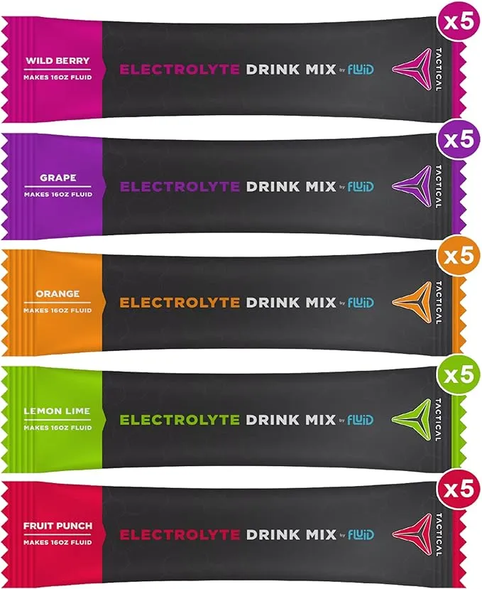 Fluid Tactical - Electrolyte Powder Packets, Accelerate Re-Hydration, Low Sugar, Electrolyte Drink Mix, Prevent Dehydration, Eliminate Cramps