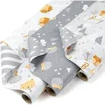 WRAPAHOLIC Reversible Baby Shower Wrapping Paper Roll - Mini Roll - 3 Rolls - 17 Inch X 120 Inch Per Roll - Cute Hedgehog, Animals & Baby Lettering