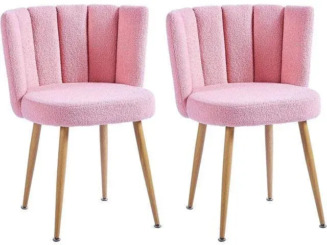 Pink Sherpa Accent Chairs Set of 2, Mid Century Modern Upholstered Side Chairs for Dining Room Living Room Bedroom Vanity