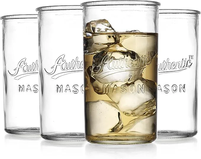 Glaver's Drinking Glasses – Set of 4 Authentic Mason Vintage Glassware – Clear Glass Tumblers for Cocktails, Water, Juice – Embossed Vintage Drinking Glasses (Highball 18 oz 7983)