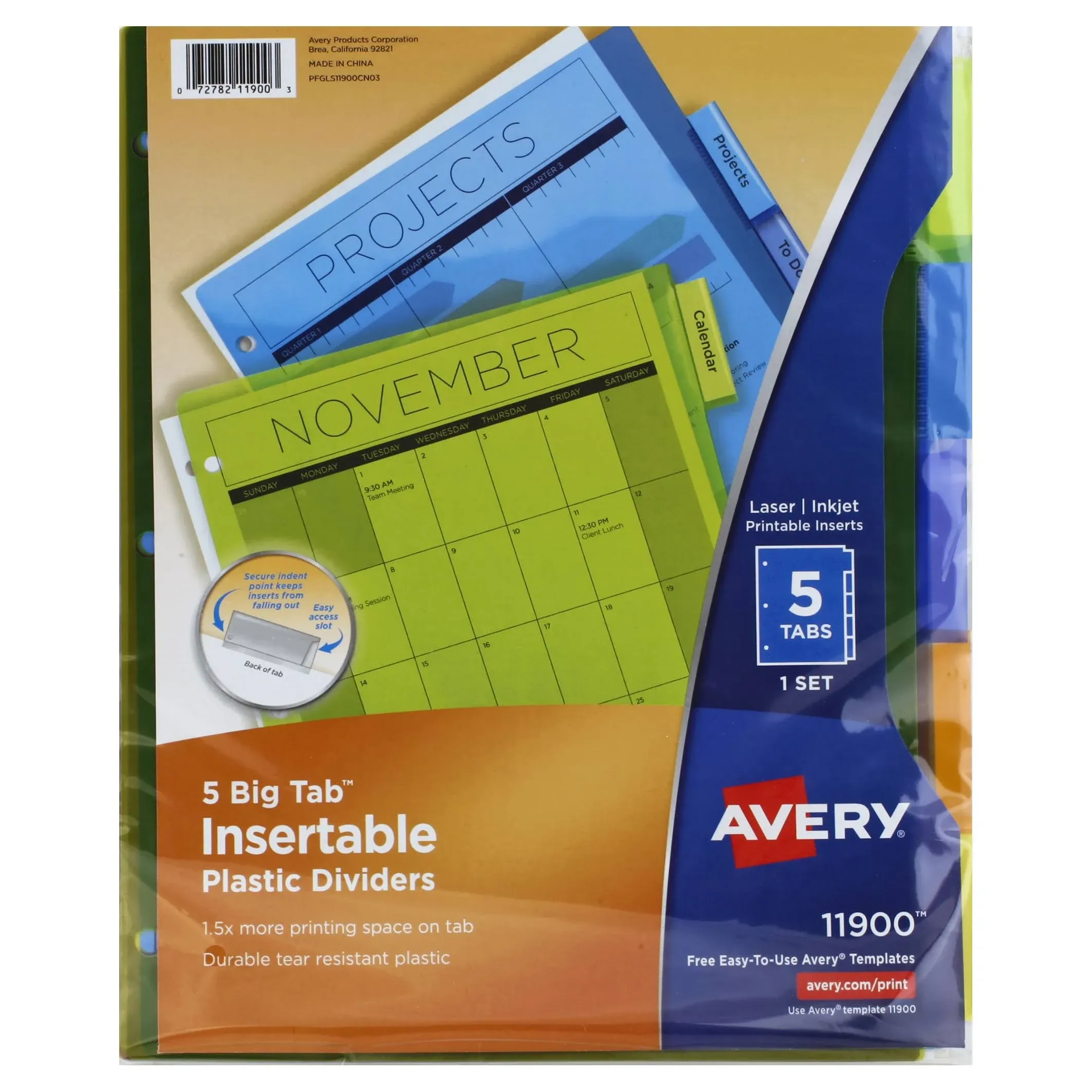 Avery Dividers for 3 Ring Binders, 5-Tab Binder Dividers, Plastic Binder Dividers, Insertable Big Tabs, Multicolor, 1 Set (11900)