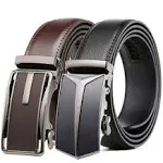 Founders & C Mens Belt 2 Pack,Leather Ratchet Click Belt Dress with Slide Buckle 1 3/8" in Gift Set Box- Size Adjustable