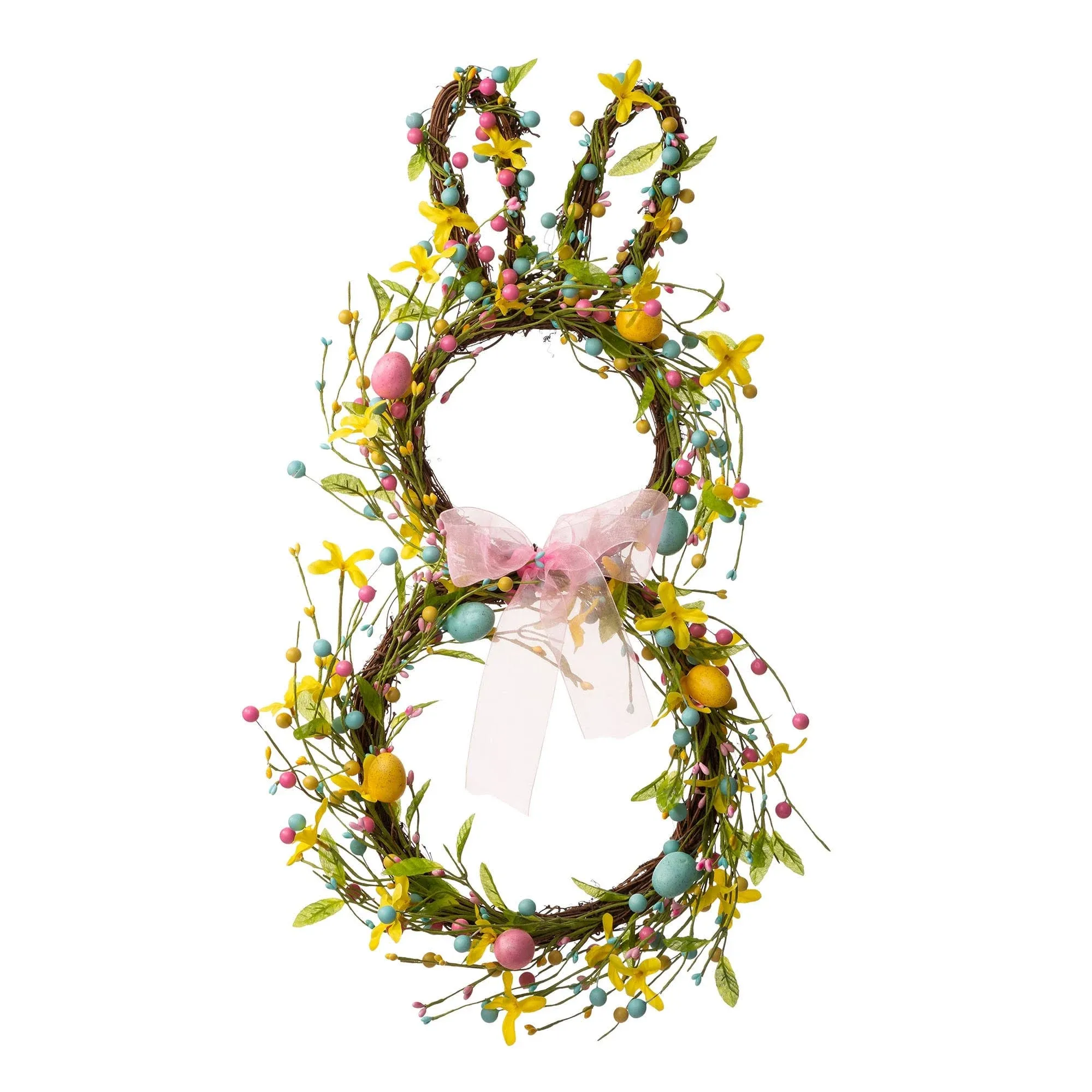 Glitzhome 24.5"H Easter Spring Bunny Shaped Eggs Wreath with Satin Ribbon Bow for Front Door Wall Decor