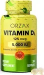 ORZAX Vitamin D3 5000 iu (125 mcg) - 1 Year Supply for Strong Muscle Function & Immune Support - Mood Supplement for Wellness (360 Softgel)