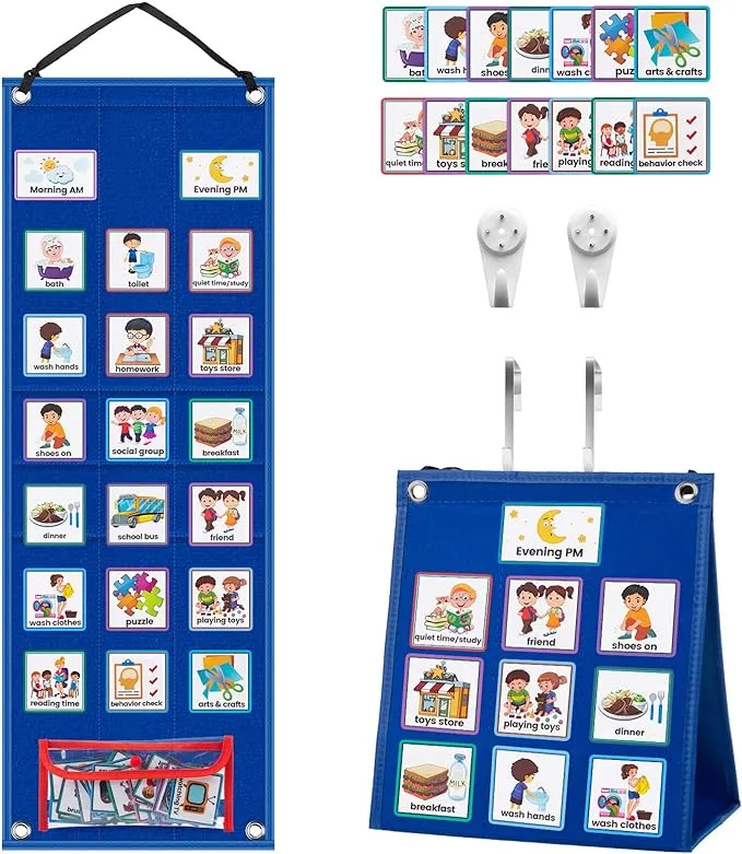 KIKIGOAL Kids Visual Schedule Calendar Chart, 2 in 1 Autism Daily Chore Routine Chart with 70 Cards Autism Learning Materials Kids Visual Behavioral