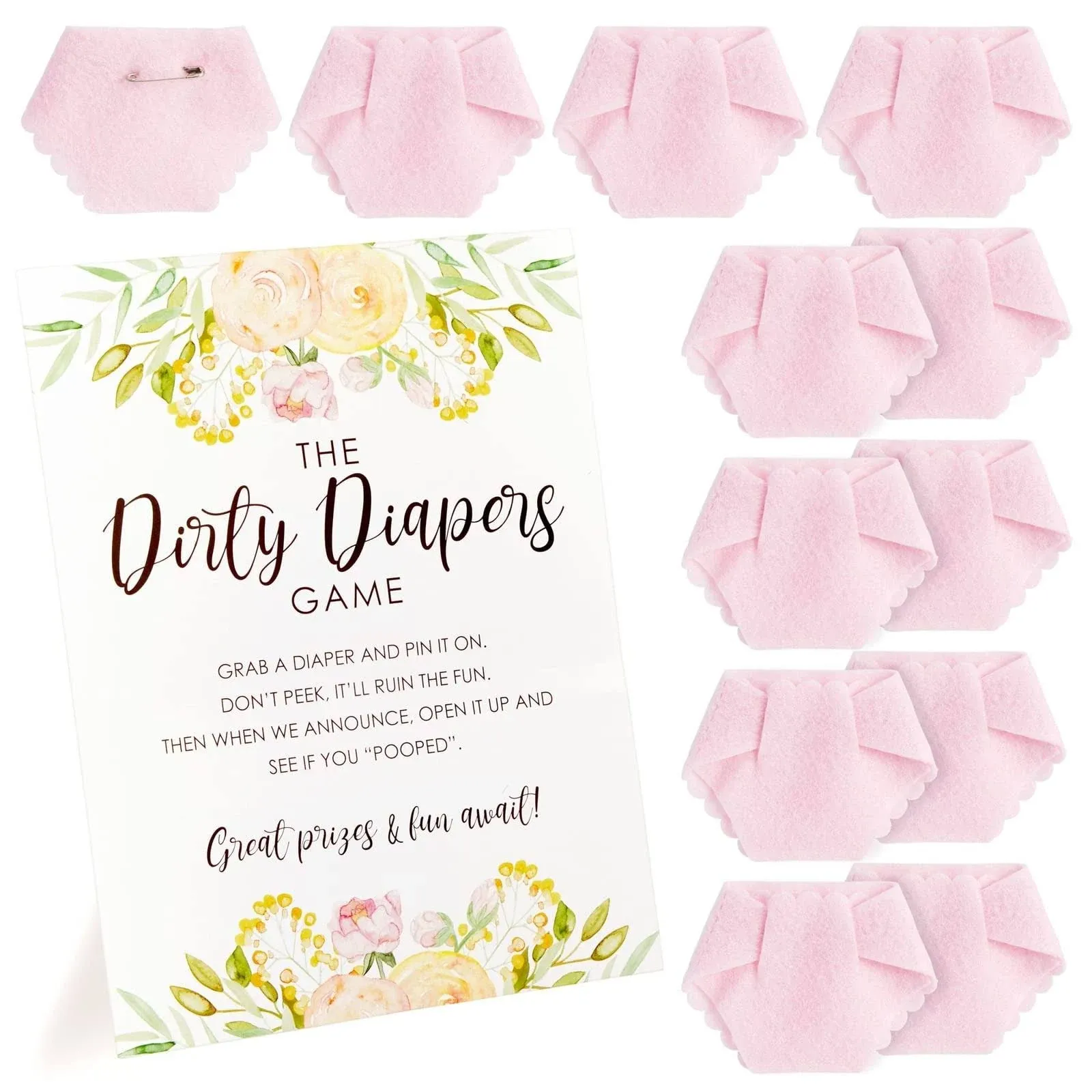 Sparkle and Bash Dirty Diaper Baby Shower Game for Girl with 12 Mini Pink Diaper - Dirty Diaper Game Baby Shower with 8.5 x 11 Inch Instruction Card Sign - Baby Shower Diaper Game