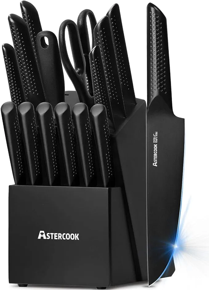 Astercook 15 Pieces Chef Knife Set with Block