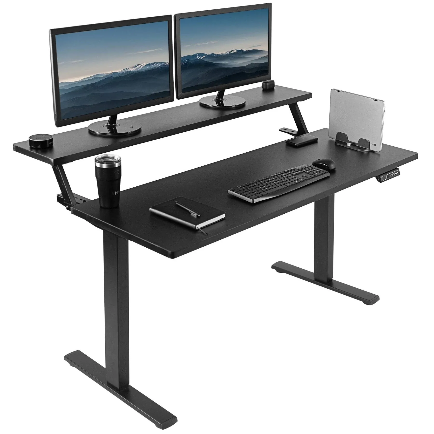 vivo Electric 55x30 Stand Up Desk - Black Dual Tier Table+Frame