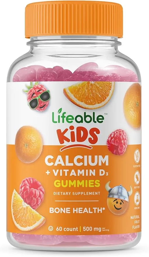 Lifeable Calcium 500 mg with Vitamin D3 1000 IU Gummies for Kids - Natural Flavor Vitamin Supplements - Gluten Free GMO-Free Chewable - for Bone, Groth, Teeth - for Children - 60 Gummies 