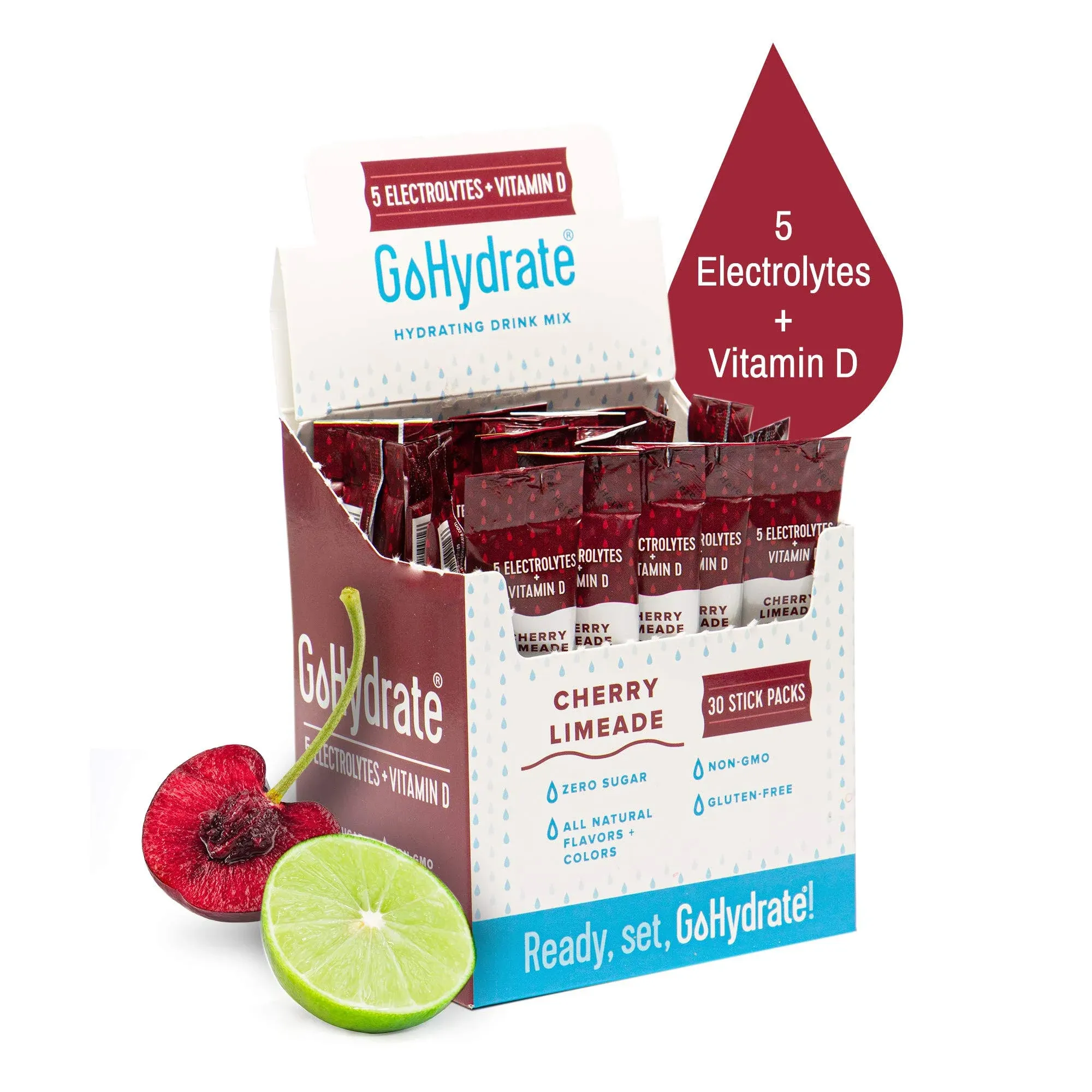 GoHydrate Electrolyte Drink Mix - 5 Essential Electrolytes| Zero Sugar| Low sodium| Vitamin D| Natural Flavors, Colors| Premium Healthy Hydration Powder Packets| (Cherry Limeade, 30 count (Pack of 1))