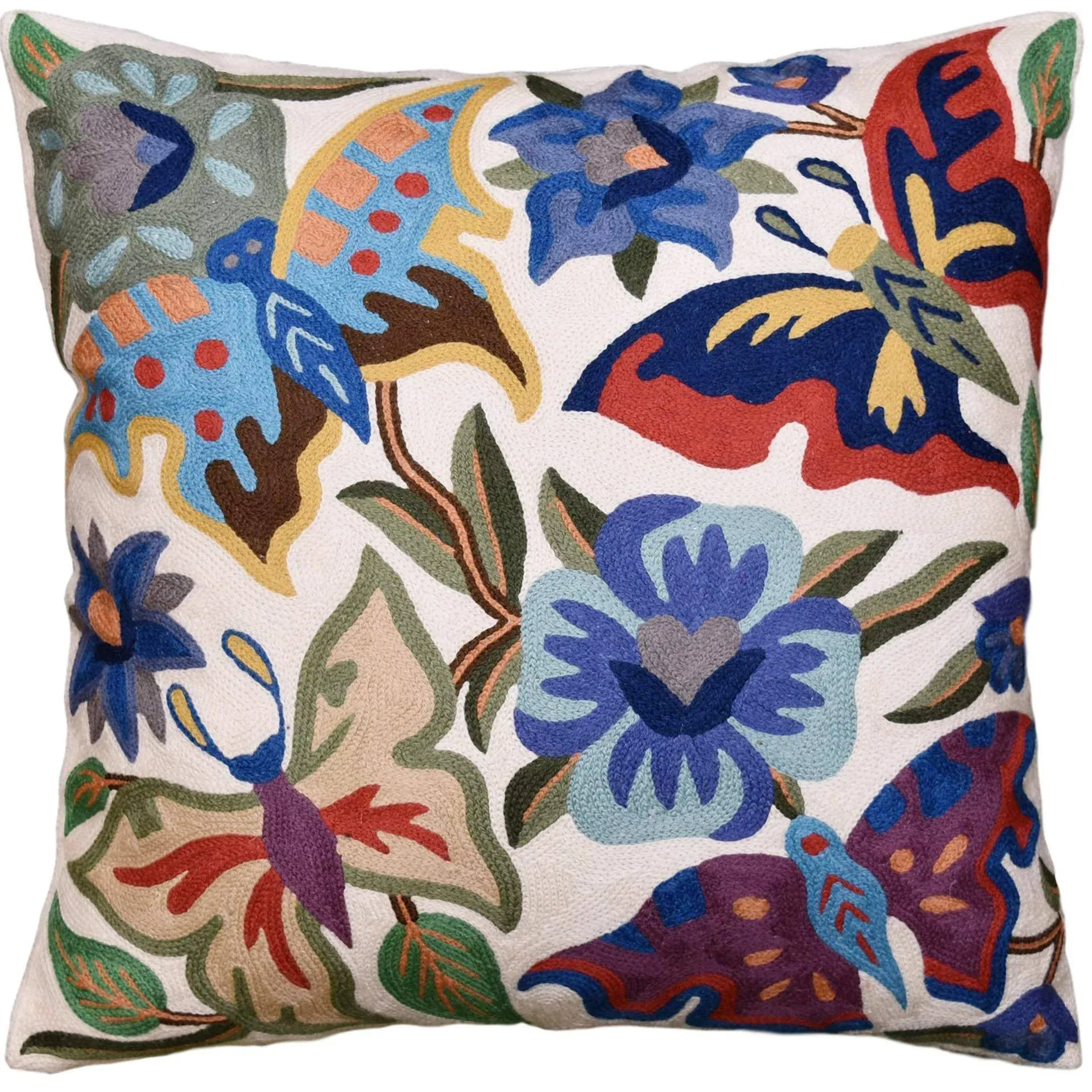 Suzani Butterfly Decorative Pillow Cover Floral Garden Handmade Wool 18x18