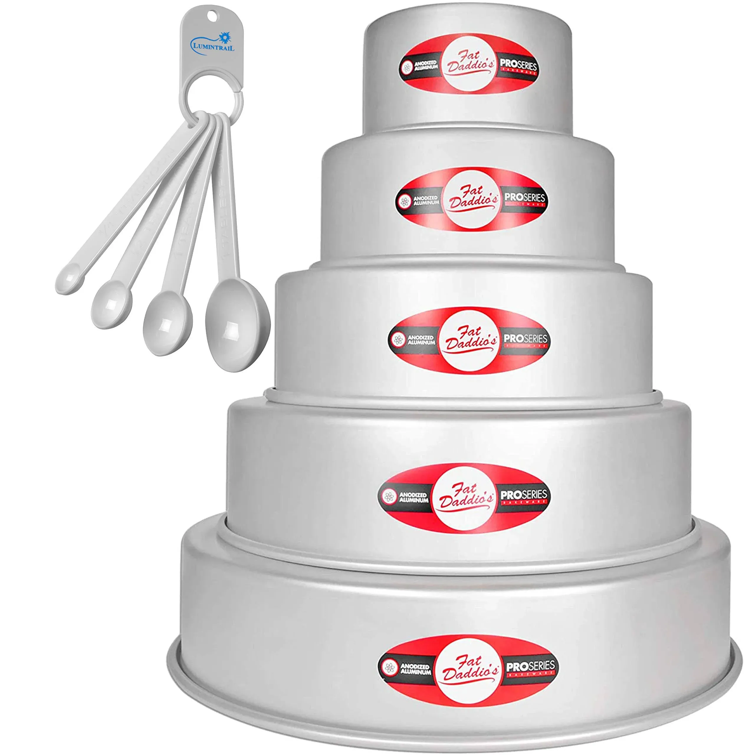 Lumintrail Fat Daddios Anodized Aluminum Tiered Round Cake Pans Bundle with a Spoon Set (10" Diameter (Set of 2), 2" Deep)