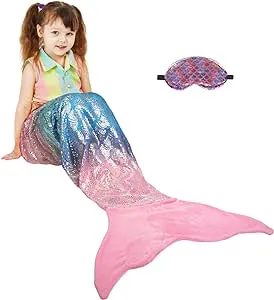 Catalonia Kids Mermaid Tail with Sleep Mask, Super Soft Plush Flannel Sleeping Snuggle Blanket for Girls, Fish Scale Pattern, Gift Idea