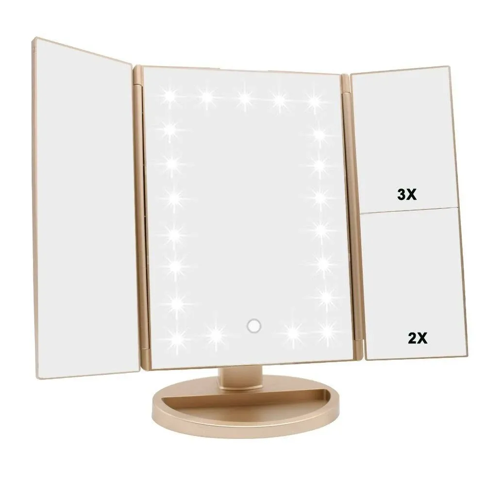 Tri-fold Lighted Vanity Makeup Mirror with 3x/2x/1x Magnification, 21Leds Light and Touch Screen,180 Degree Free Rotation Countertop Cosmetic Mirror,Travel Makeup Mirror (Gold)