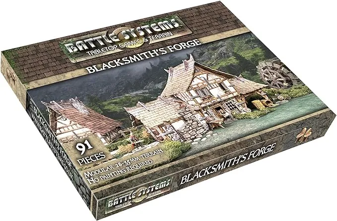 Battle Systems – Modular Fantasy Scenery – Perfect for Roleplaying and Wargames - Multi Level Tabletop Terrain for 28mm Miniatures – Colour Printed Model Diorama – DND Warhammer (Blacksmith's Forge)