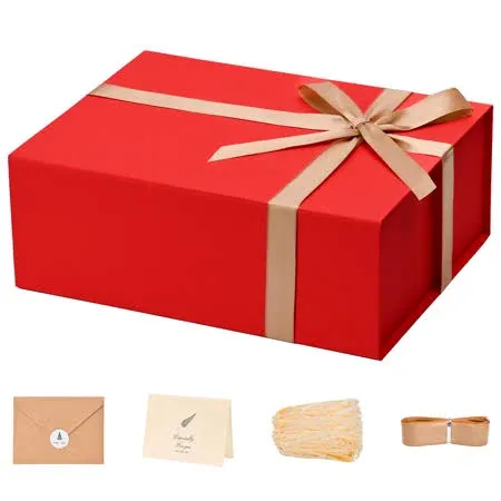 LIFELUM Red Gift Box 13 x 10 x 5 inch Christmas Gift Box with Lid for Presents Bridesmaid Proposal Box Contains Card, Ribbon, Shredded Paper Filler（1 Pcs）