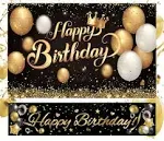 TSONCR Happy Birthday Backdrop Banner 2 Pieces Large Black and Gold Happy Birthday Sign Birthday Photography Supplies Indoor Outdoor