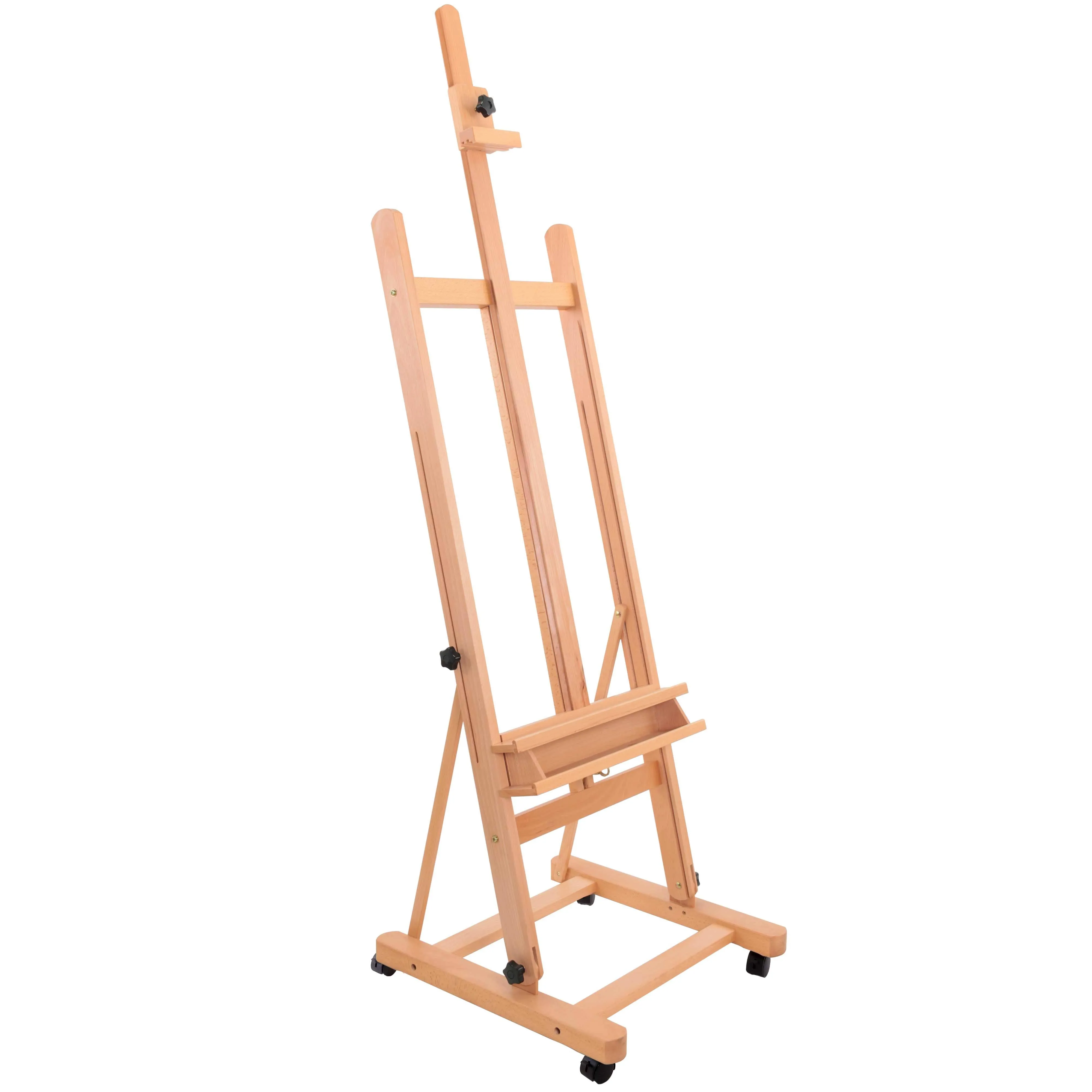 U.S. Art Supply Medium Wooden H-Frame Studio Easel with Artist Storage Tray and Wheels - Mast Adjustable to 96&quot; High, Holds Canvas to 48&quot; - Sturdy