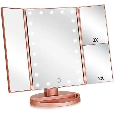 Flymiro Tri-fold Lighted Vanity Makeup Mirror - Rose Gold